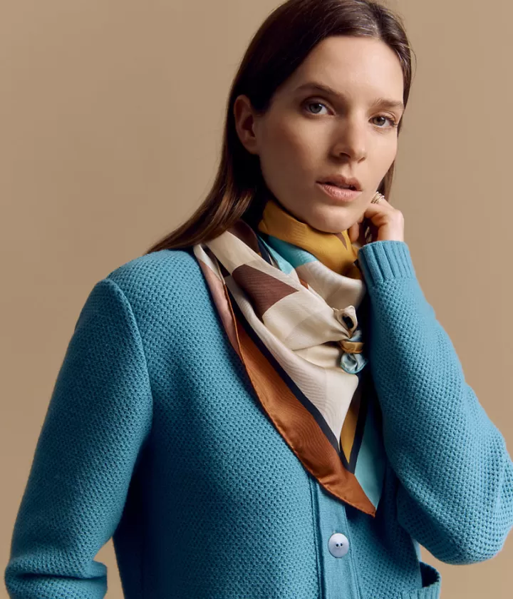 Accessoires>DEVERNOIS Carré imprimé en twill de soie Dessin exclusif vintage Jaune