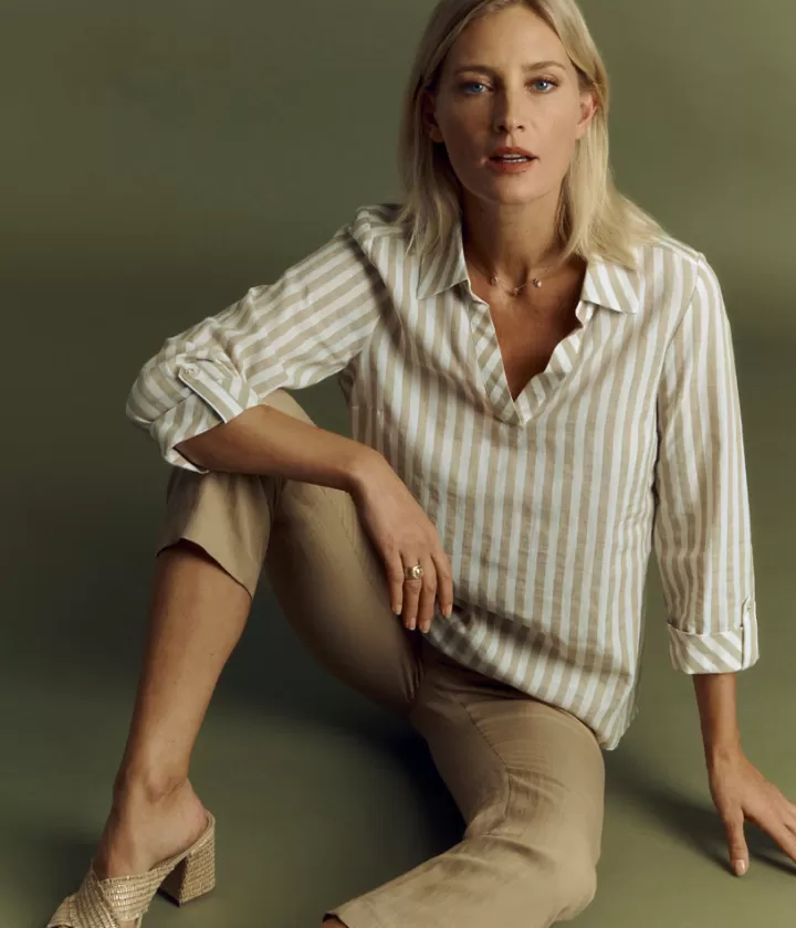 Tops & Chemises>DEVERNOIS Chemise à rayures en coton et lin Rayures bicolores Ecru
