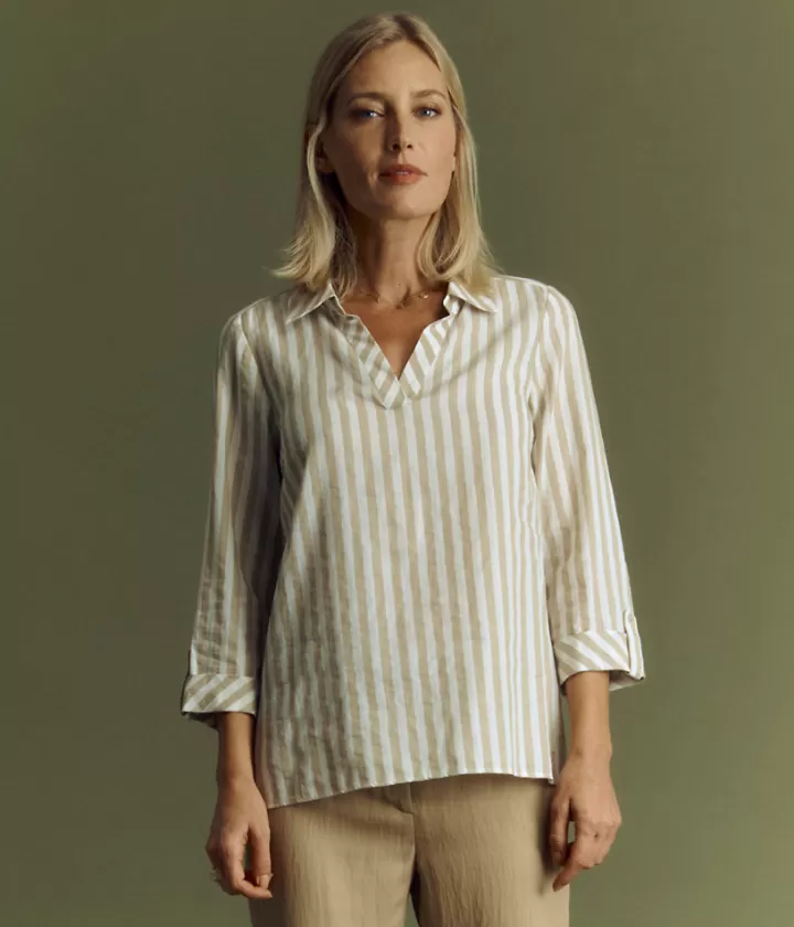 Tops & Chemises>DEVERNOIS Chemise à rayures en coton et lin Rayures bicolores Ecru