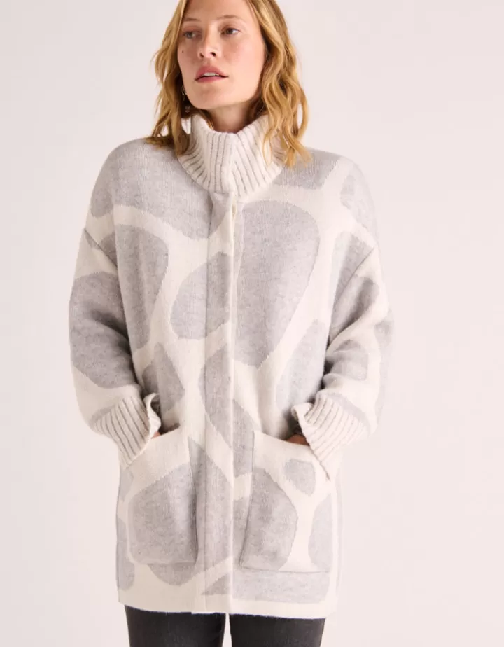 Vestes & Manteaux | Maille>DEVERNOIS Manteau maille jacquard en laine mérinos et alpaga Tricoté en France Blanccasse