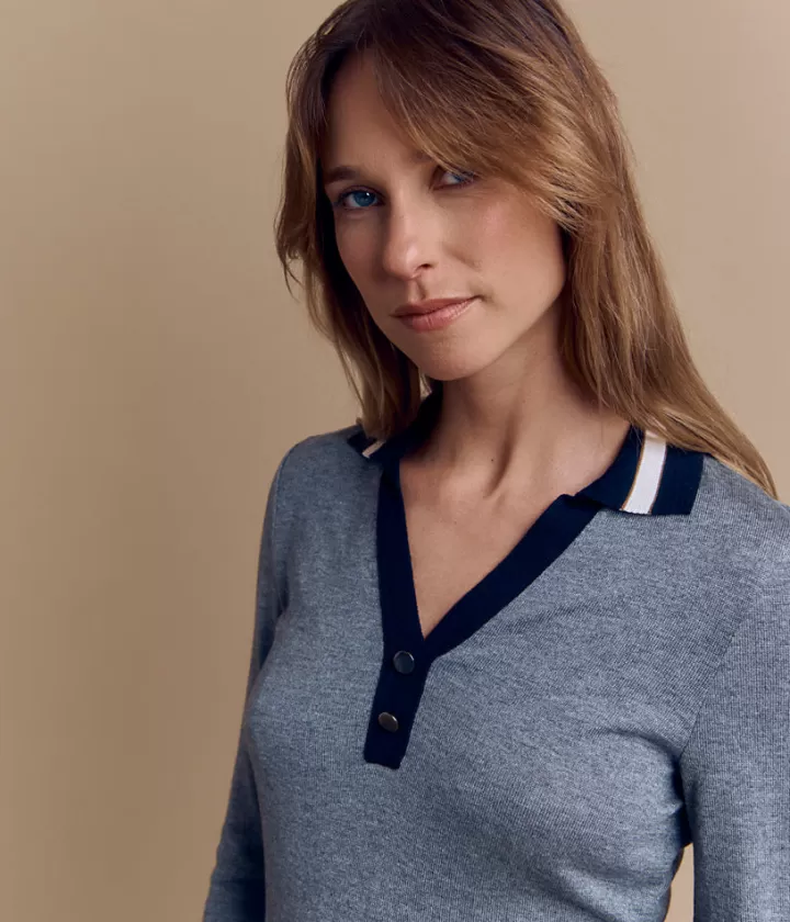 Maille>DEVERNOIS Pull col polo en laine Mérinos et viscose Tricoté en France Grischine