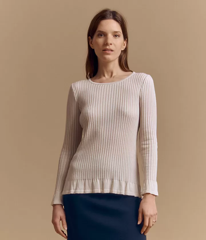 Maille>DEVERNOIS Pull côtes en laine Mérinos et viscose Tricoté en France Beigechanvre