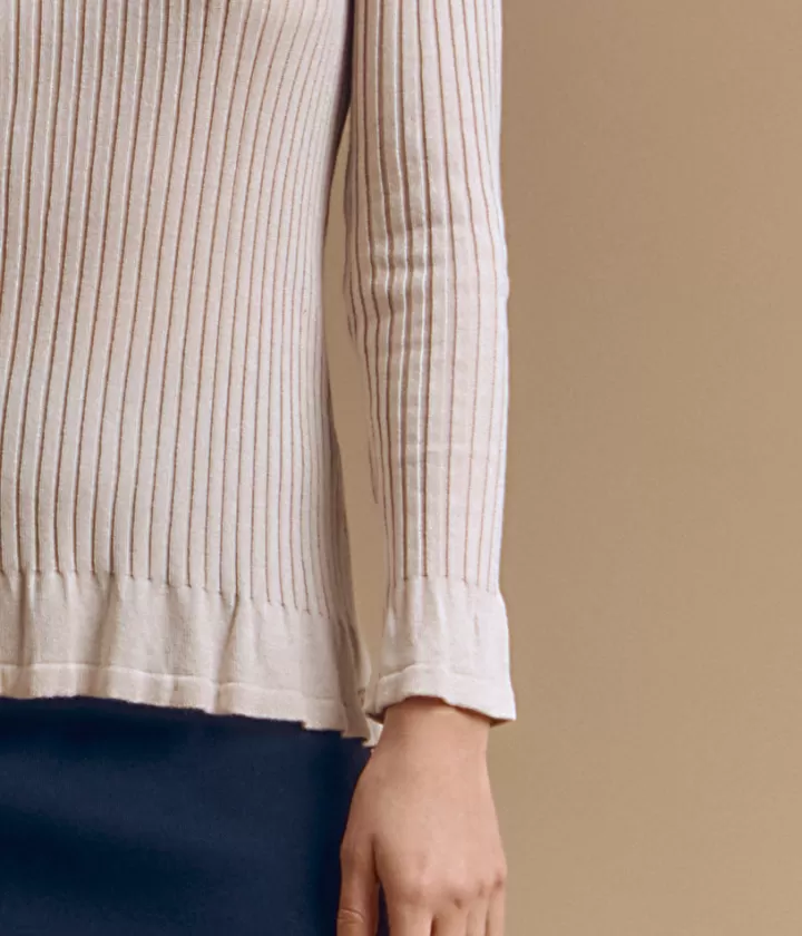 Maille>DEVERNOIS Pull côtes en laine Mérinos et viscose Tricoté en France Beigechanvre