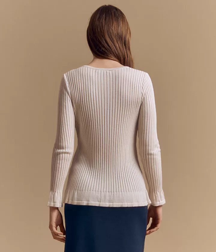 Maille>DEVERNOIS Pull côtes en laine Mérinos et viscose Tricoté en France Beigechanvre