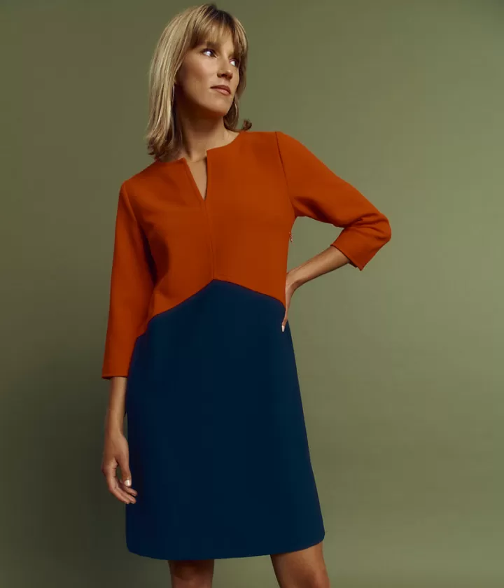 Robes & Jupes>DEVERNOIS Robe colorblock en double toile natté Manches 3/4 Bleumarine