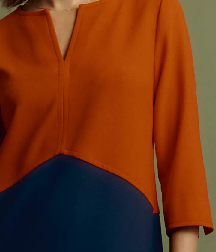 Robes & Jupes>DEVERNOIS Robe colorblock en double toile natté Manches 3/4 Bleumarine