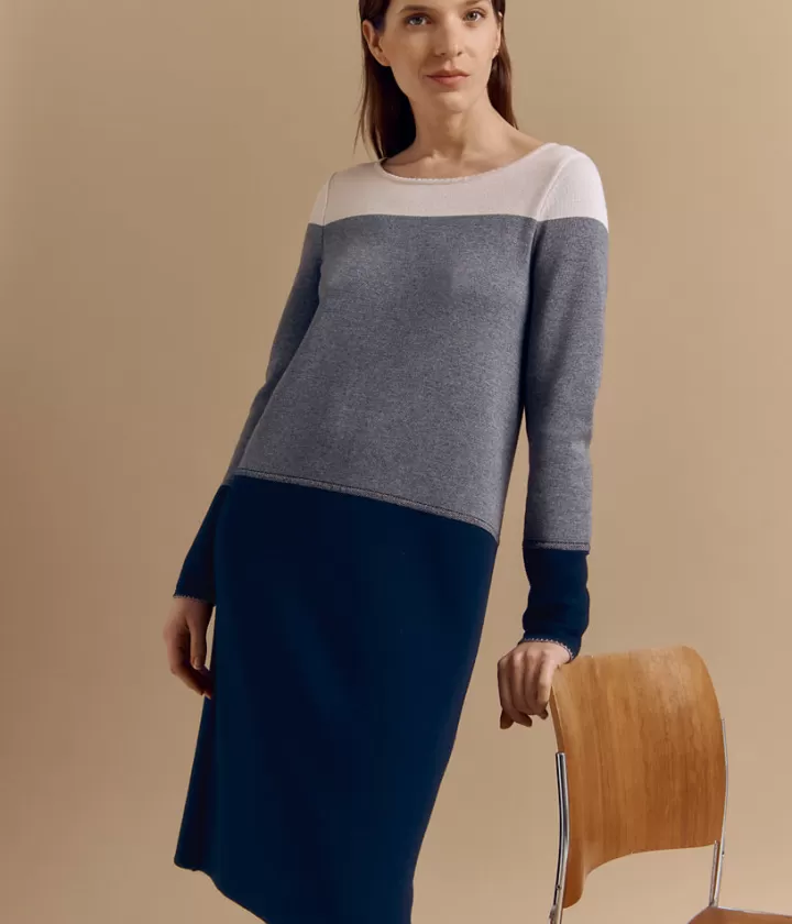 Robes & Jupes | Maille>DEVERNOIS Robe maille en laine Mérinos et viscose Tricotée en France Bleumarine